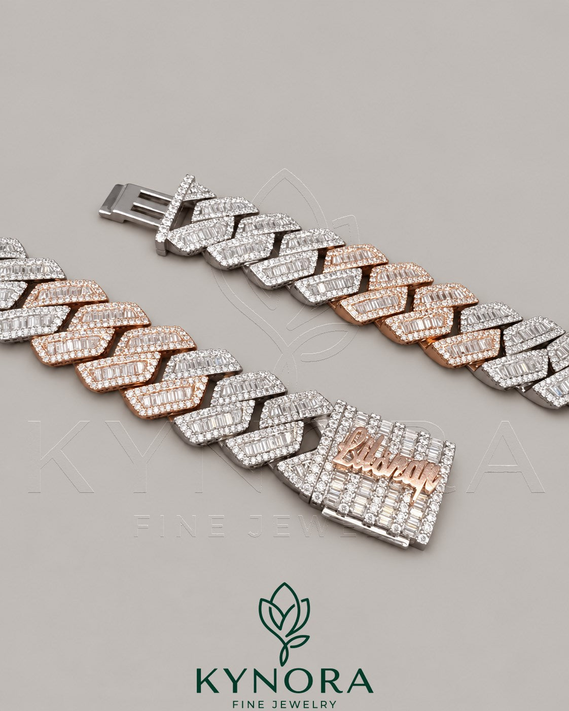 Gold-plated sterling silver Miami chain with 15mm VVS1 moissanite diamonds, hip-hop style jewelry by Kynora Jewels.