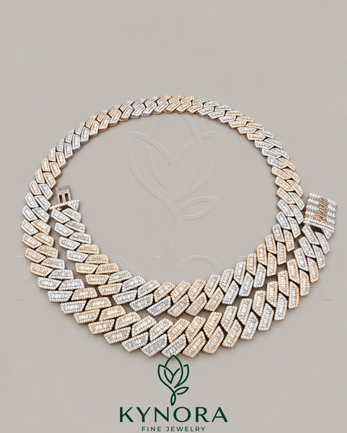 VVS1 moissanite diamond gold-plated sterling silver Miami chain from Kynora Jewels, 15mm hiphop chain with detailed link design