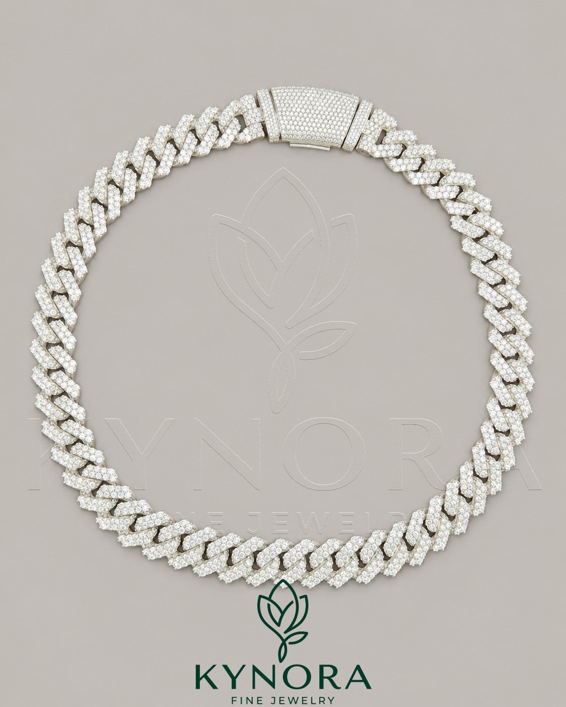 16mm VVS 925 silver moissanite Cuban link chain hip-hop jewelry by Kynora Jewels, showcasing the shiny silver chain with detailed links.