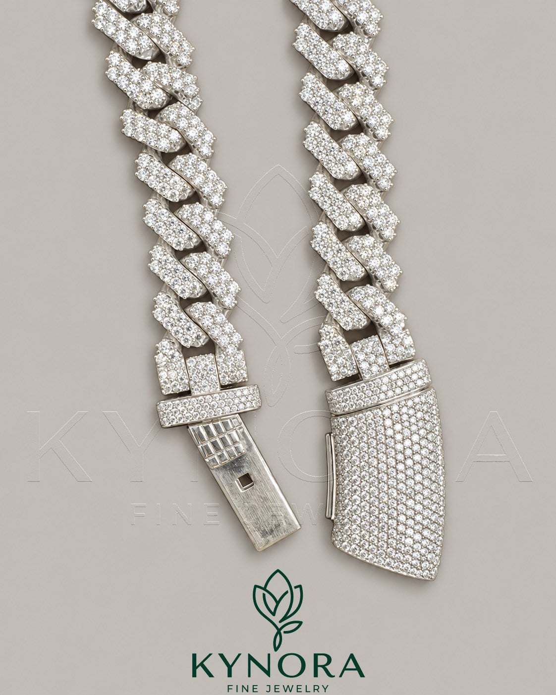 Silver VVS moissanite Cuban link chain from Kynora Jewels, hiphop chain with a 16mm width and detailed link design.