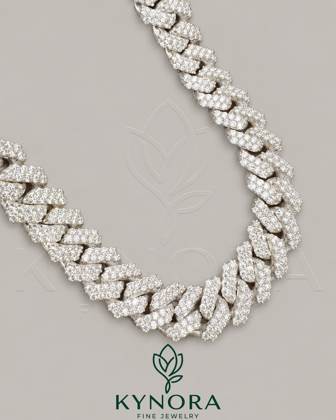 16mm VVS 925 silver moissanite Cuban link chain hiphop jewelry by Kynora Jewels, showing a shiny, detailed chain with a clasp.