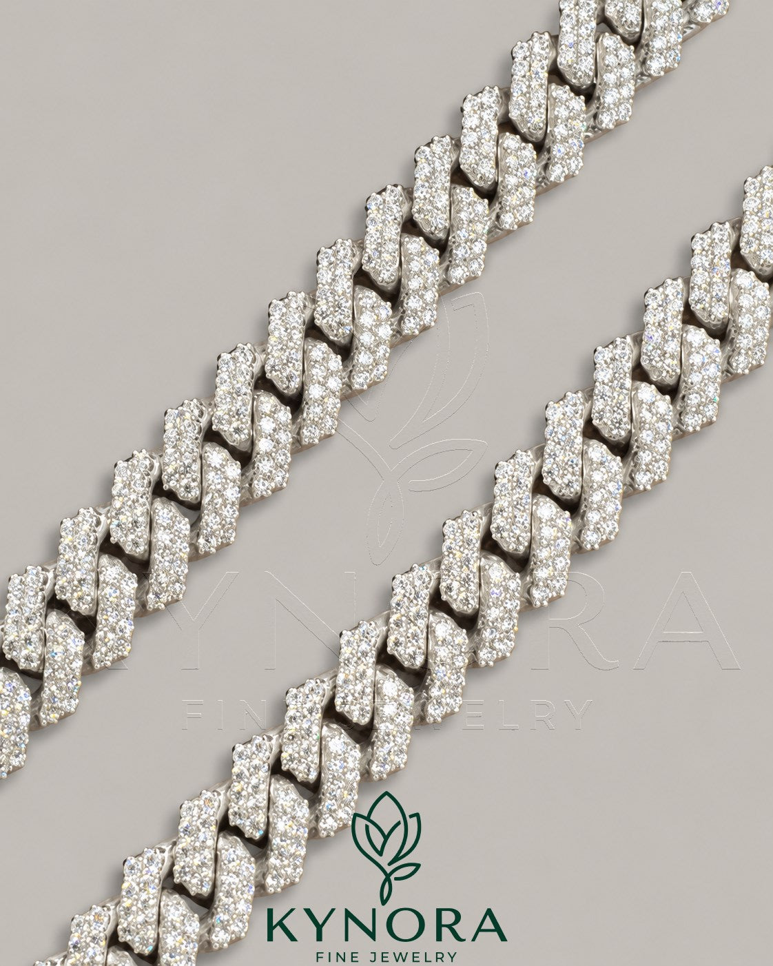 16mm VVS 925 silver moissanite Cuban link chain hip-hop jewelry by Kynora Jewels, showcasing the shiny, intricate link design.