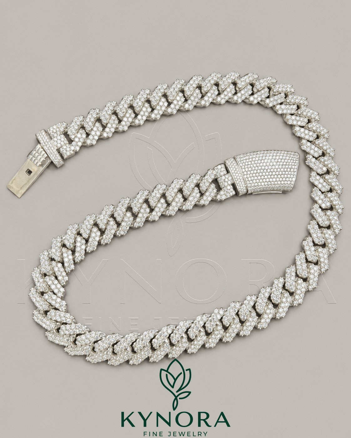 16mm VVS 925 silver moissanite Cuban link chain hip-hop jewelry by Kynora Jewels, showcasing the detailed silver chain design.