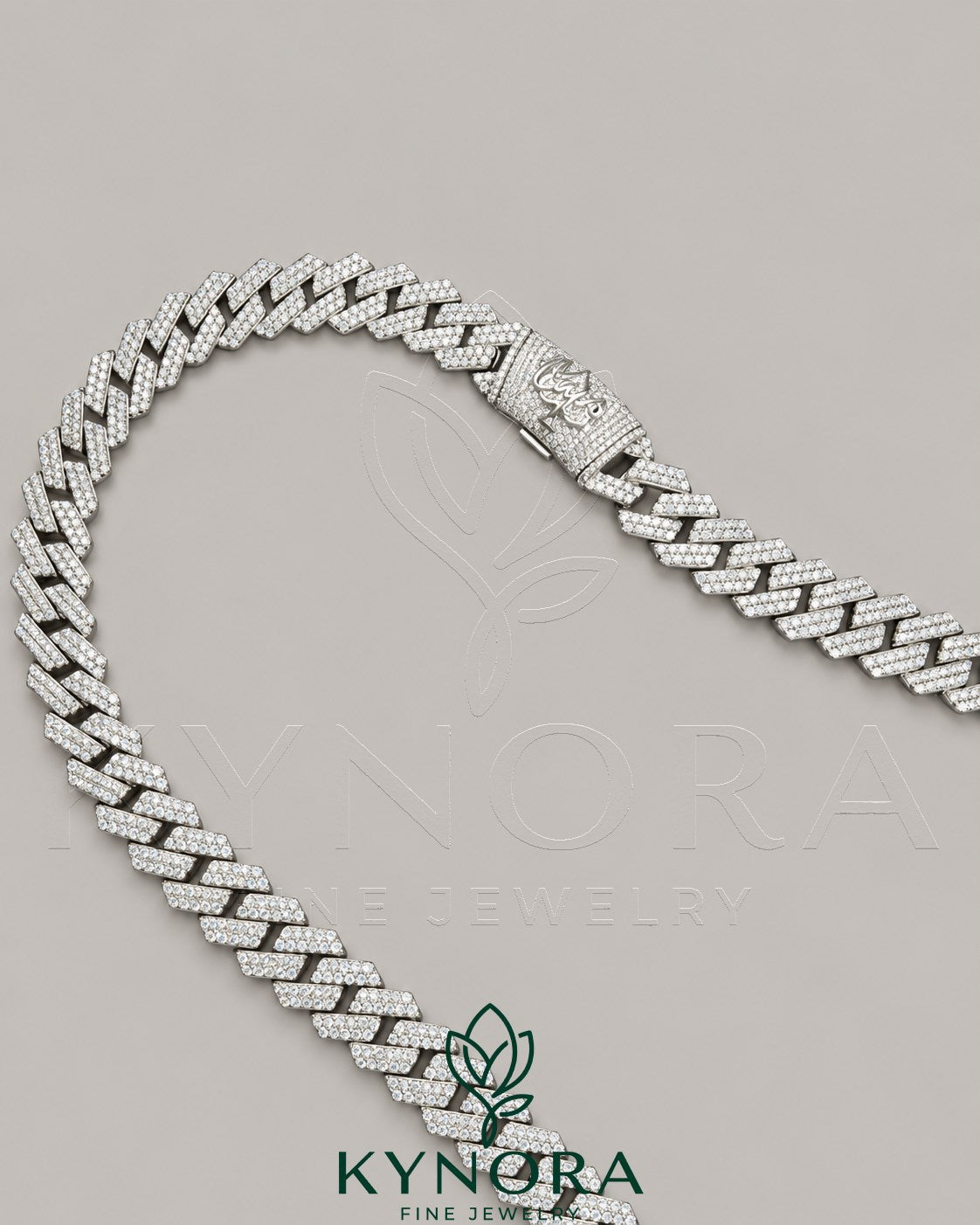 16mm VVS Moissanite diamond Miami Cuban chain in sterling silver, custom hip-hop chain from Kynora Jewels.