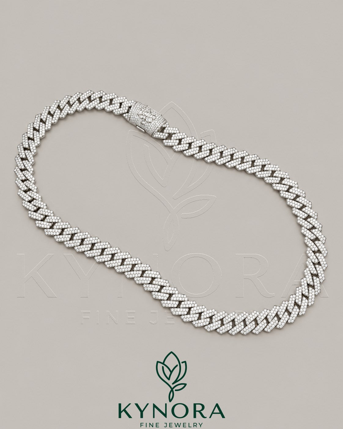 Sterling silver Miami Cuban chain with 16mm VVS Moissanite diamond custom claps, hip-hop style jewelry from Kynora Jewels.