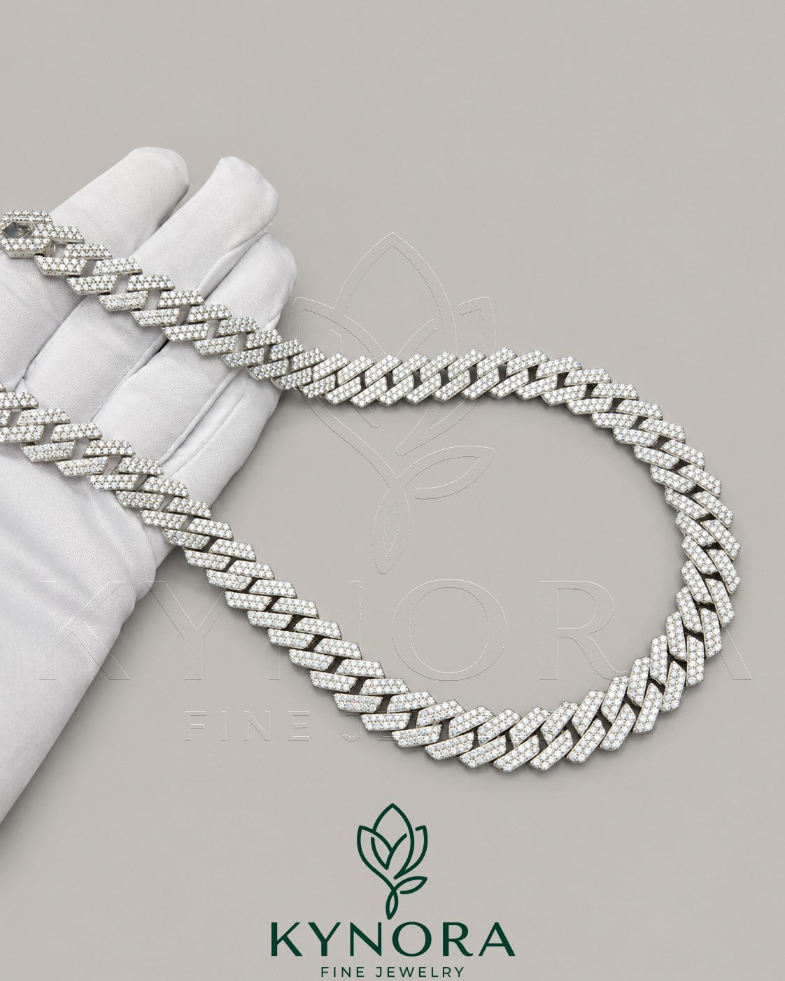 16mm VVS Moissanite diamond Miami Cuban chain in sterling silver, custom hip-hop jewelry by Kynora Jewels.