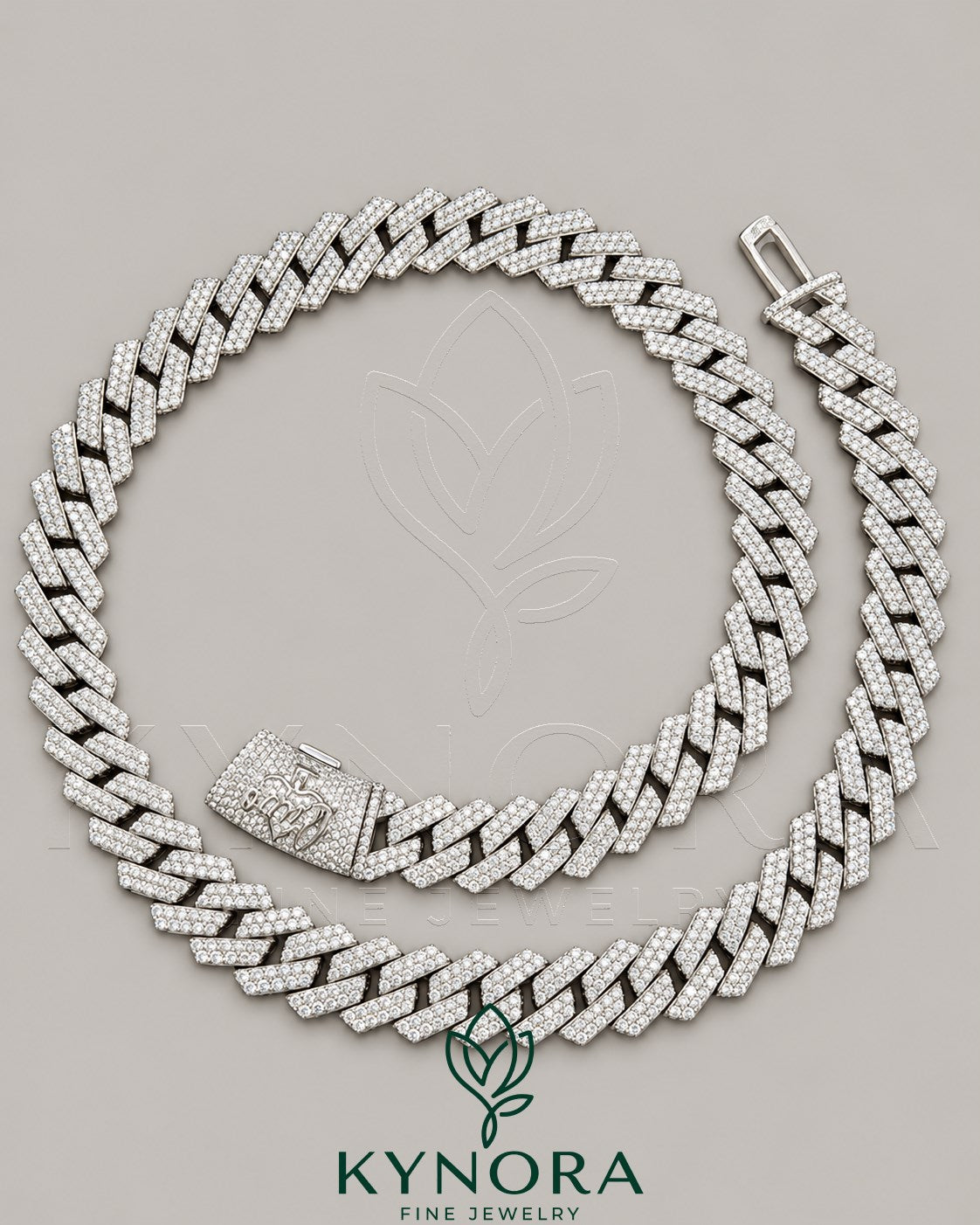Sterling silver Miami Cuban chain with 16mm customized VVS Moissanite diamond claps by Kynora Jewels.