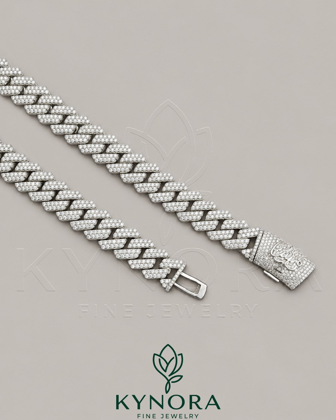 Sterling silver Miami Cuban chain with 16mm VVS moissanite diamond custom claps, hip-hop jewelry by Kynora Jewels