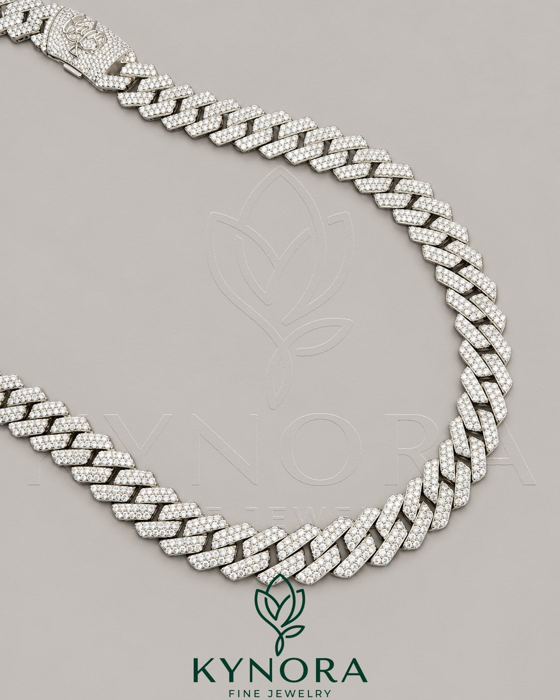 Sterling silver 16mm VVS Moissanite diamond Miami Cuban chain with customized claps, stylish hip-hop jewelry from Kynora Jewels