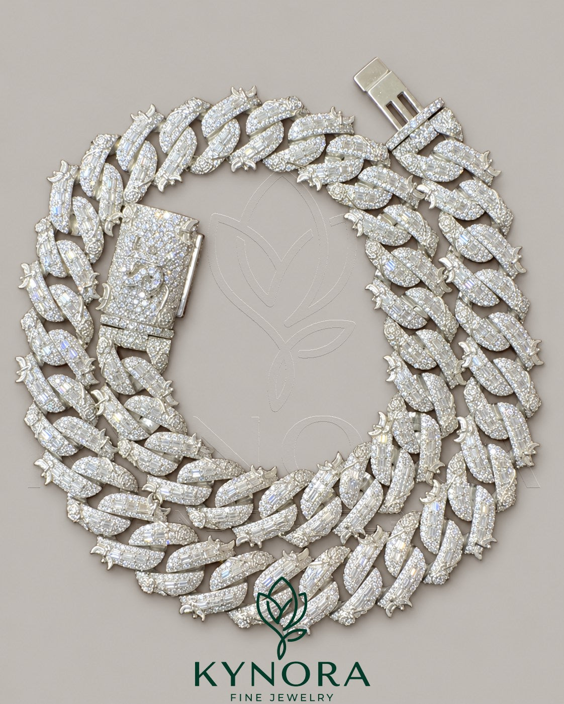 16mm VVS Moissanite Miami Cuban necklace in 925 silver, custom lock, hip-hop chain style by Kynora Jewels. Main image
