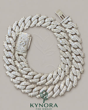 16mm VVS Moissanite Miami Cuban necklace in 925 silver, custom lock, hip-hop chain style by Kynora Jewels.