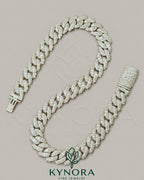 16mm VVS Moissanite Miami Cuban necklace with custom lock, sterling silver hiphop chain by Kynora Jewels.