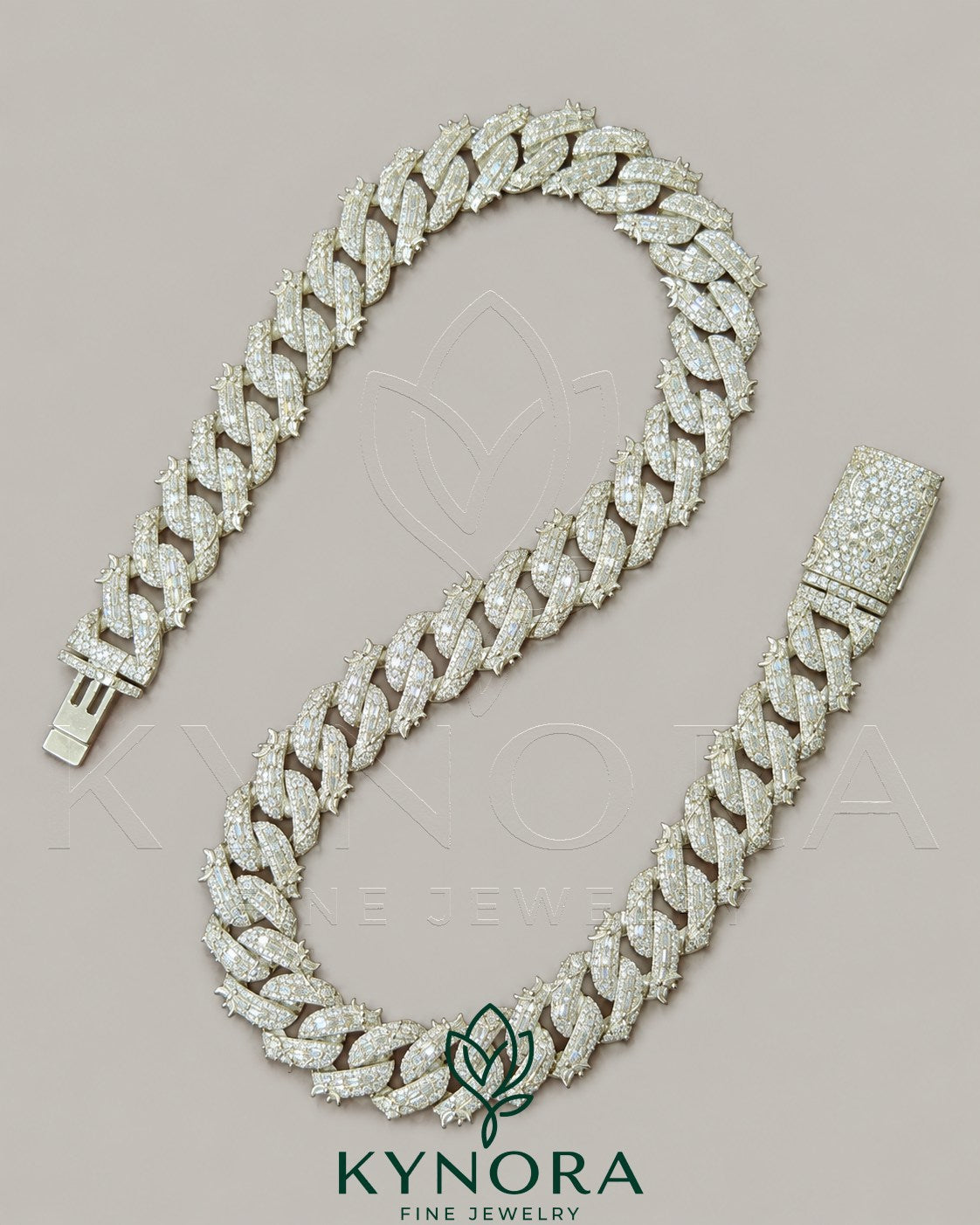 16mm VVS Moissanite Miami Cuban necklace with custom lock, sterling silver hiphop chain by Kynora Jewels.