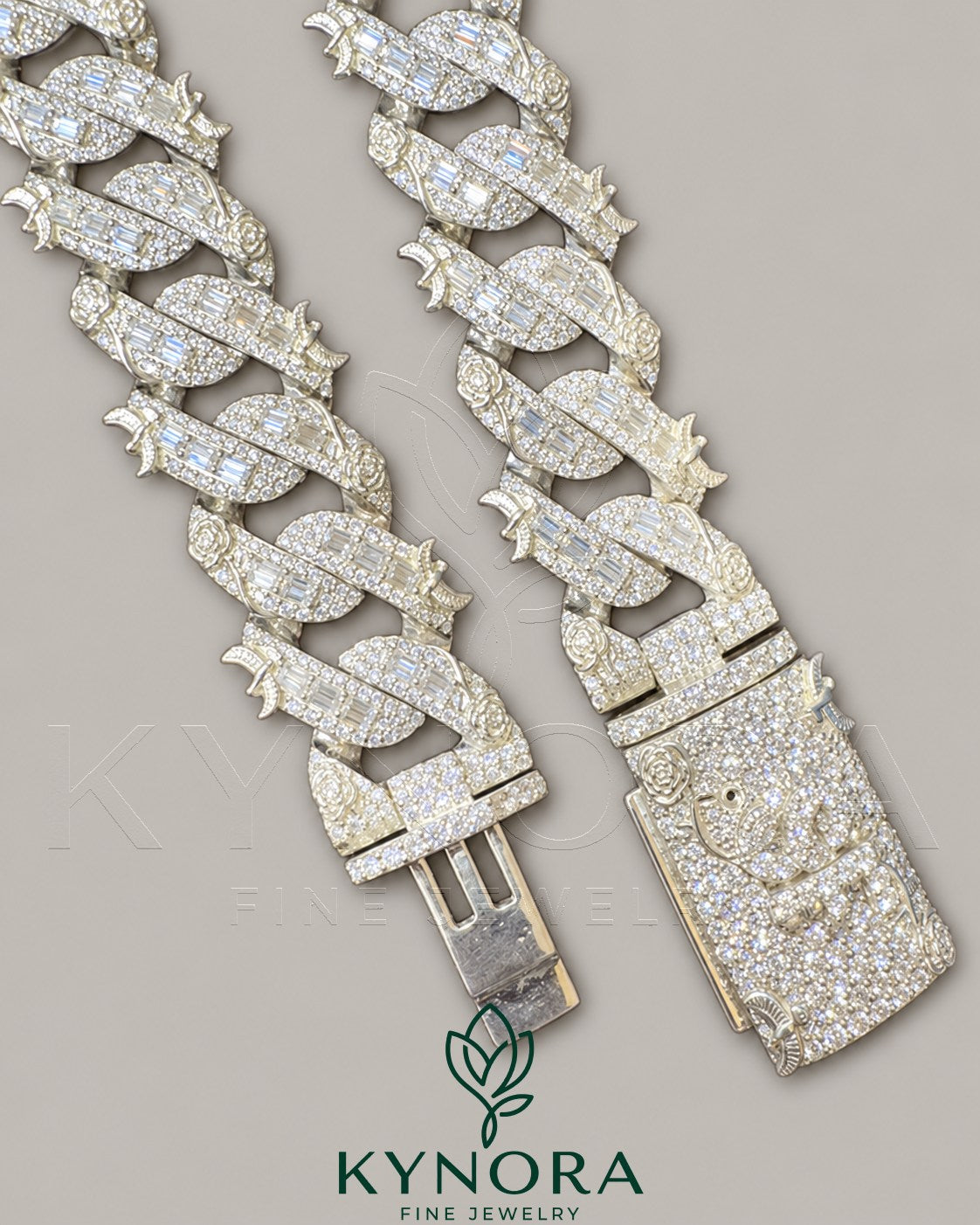 16mm VVS Moissanite Miami Cuban Necklace in 925 silver with custom lock, stylish Kynora Jewels hiphop chain.