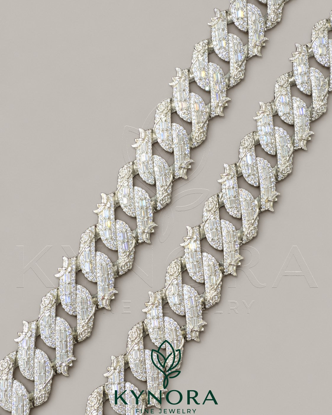 Kynora Jewels 18-inch sterling silver Miami Cuban necklace with 16mm VVS moissanite chain and custom lock, hip-hop jewelry style.