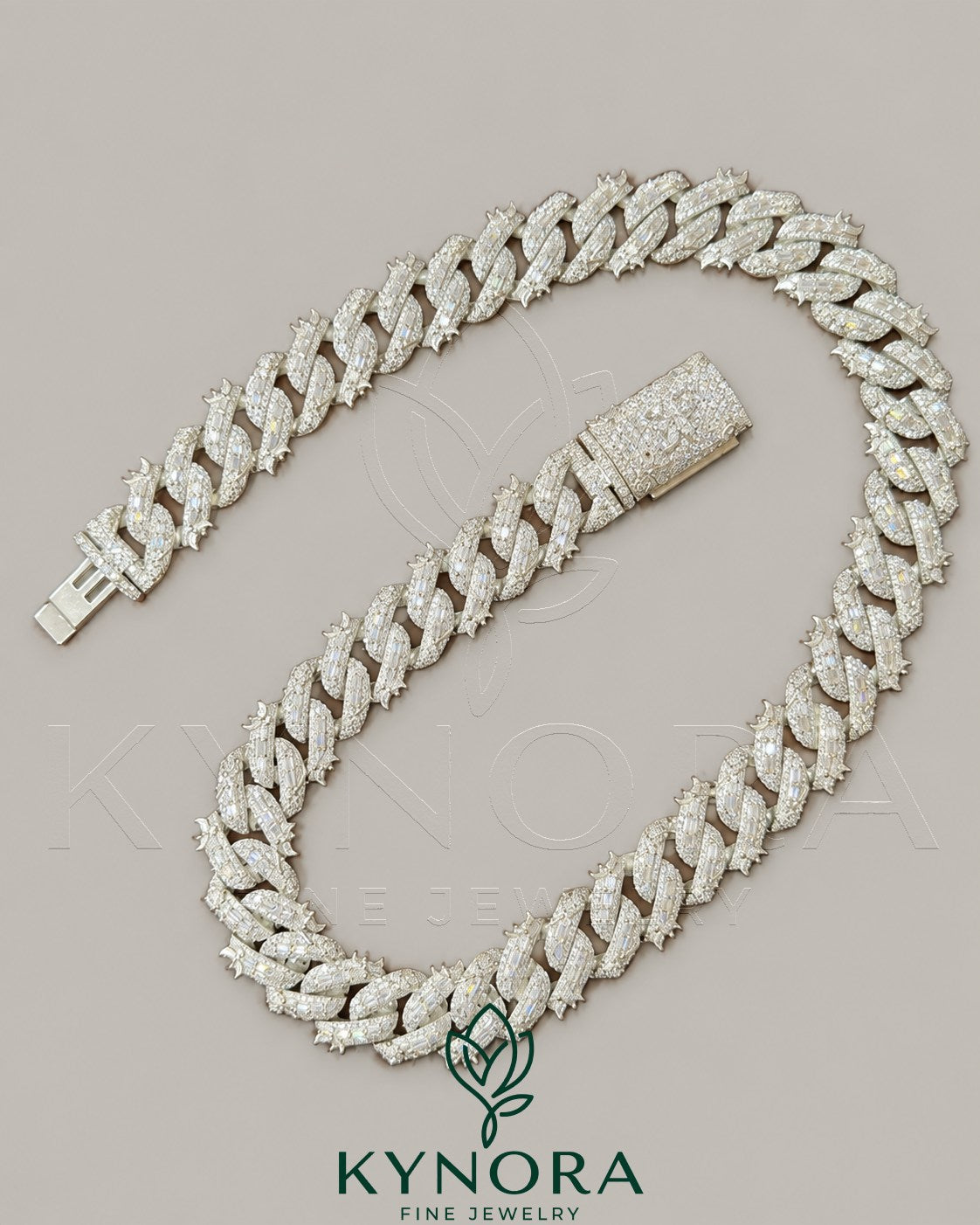 Kynora Jewels 16mm VVS Moissanite Miami Cuban Necklace in 925 silver with custom lock, 18-inch hiphop chain.