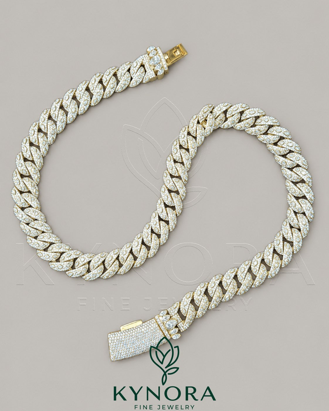 18-inch Kynora Jewels VVS moissanite Miami Cuban chain in 925 silver with rose gold finish, featuring a 16mm Hiphop style necklace.