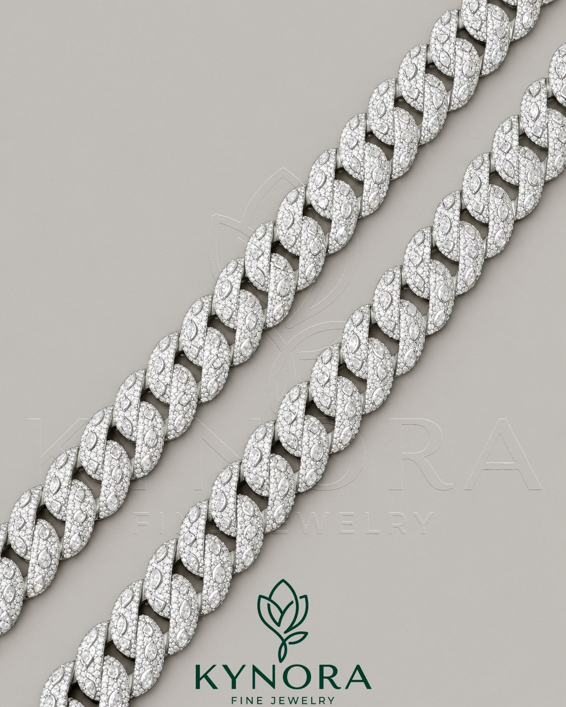 Kynora Jewels 18-inch sterling silver Miami Cuban necklace with 16mm VVS moissanite hiphop chain, custom design.