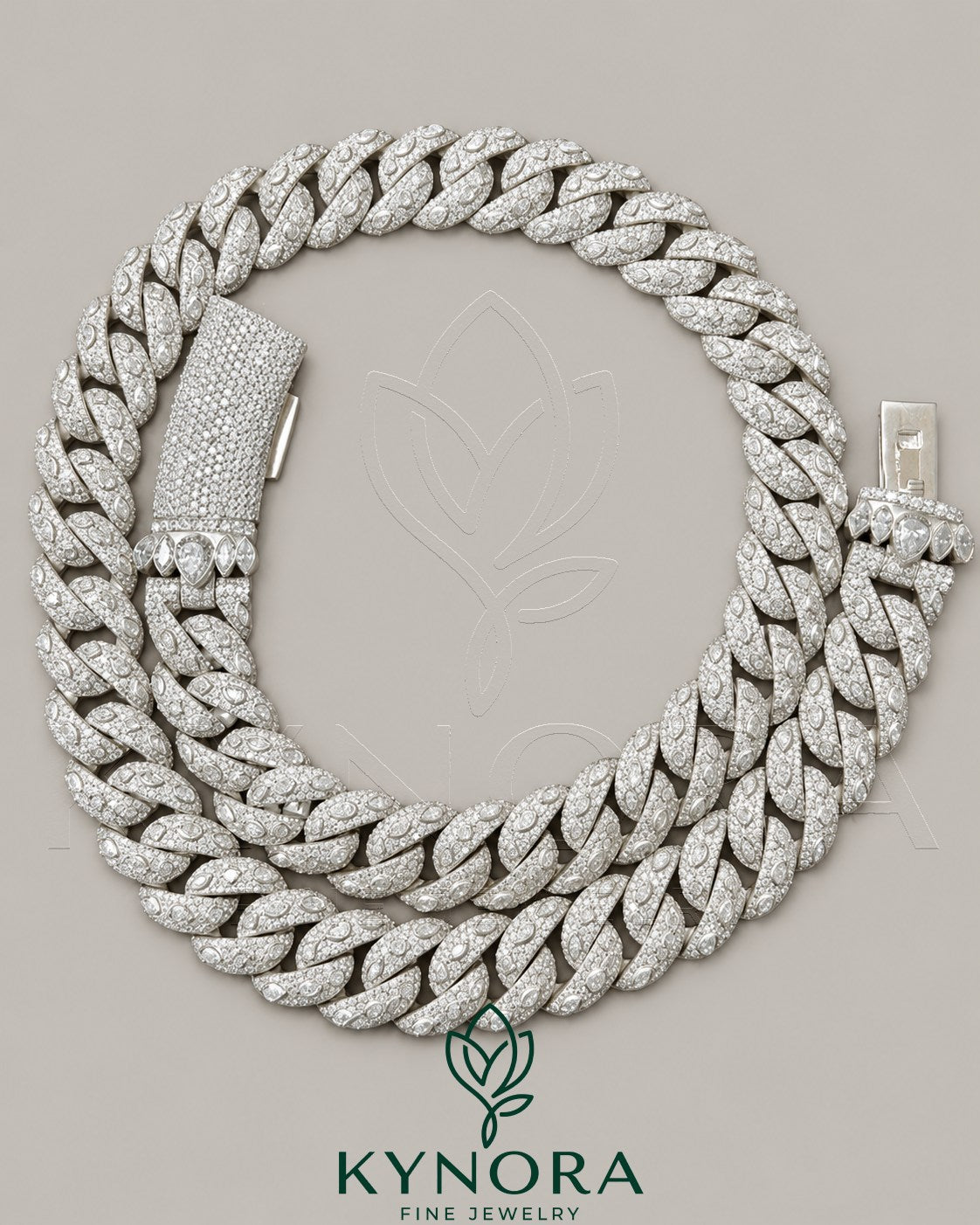 16mm VVS Moissanite Miami Cuban necklace by Kynora Jewels, 18-inch sterling silver hiphop chain with custom design.