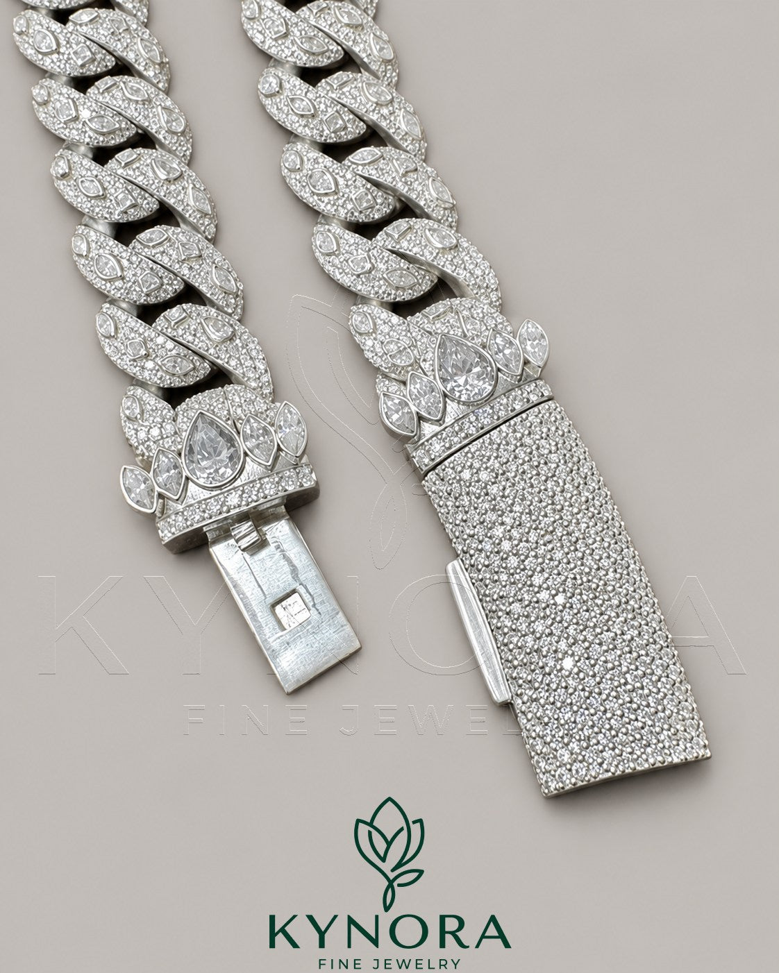 Kynora Jewels 16mm VVS Moissanite Miami Cuban Necklace hiphop chain in 18-inch sterling silver with sparkling VVS moissanite stones