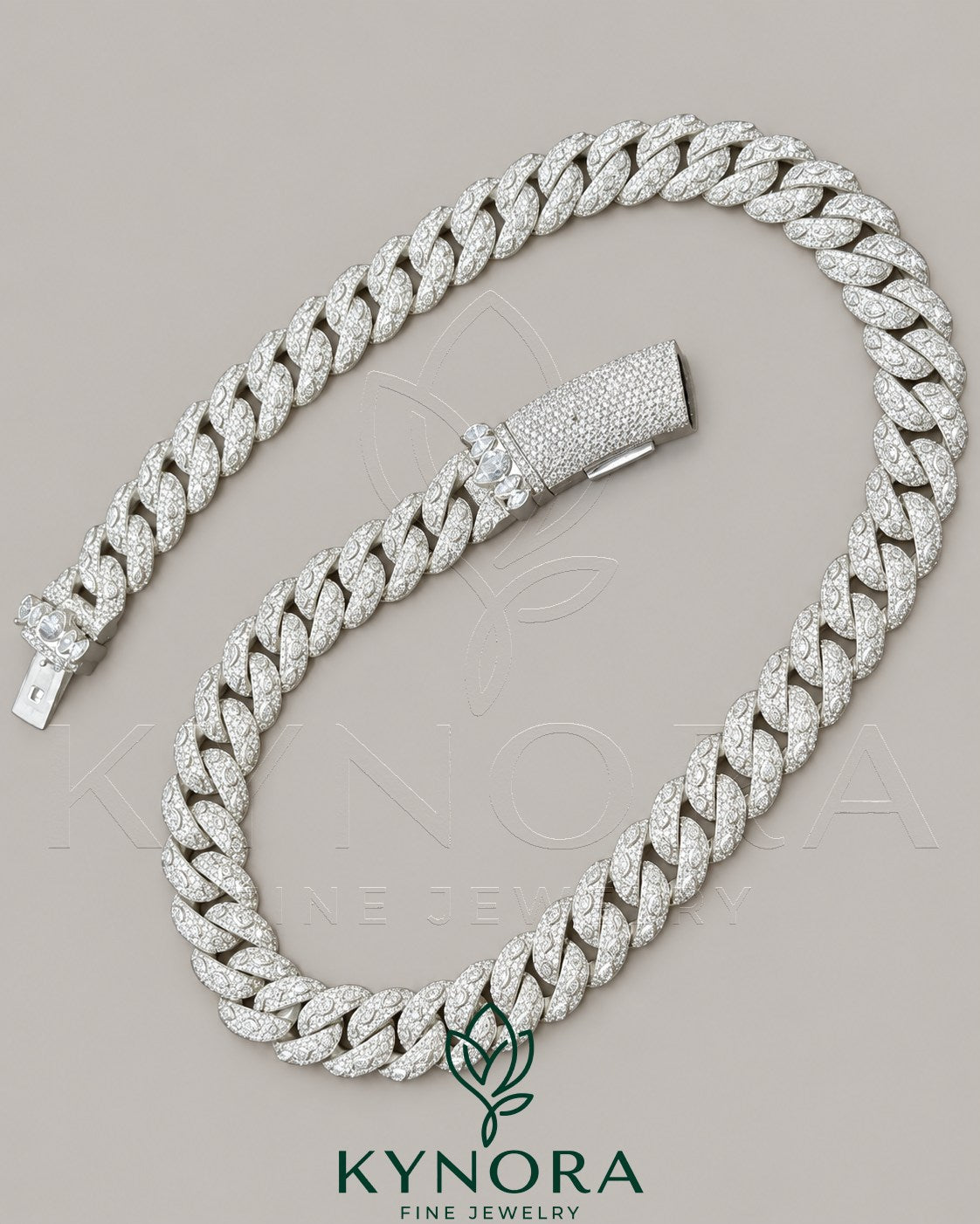 Kynora Jewels 16mm VVS Moissanite Miami Cuban Necklace, 18-inch sterling silver hiphop chain with custom VVS moissanite stones.