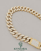Sterling silver gold Cuban link chain with 16mm VVS1 Moissanite diamond, stylish hip-hop jewelry by Kynora Jewels.