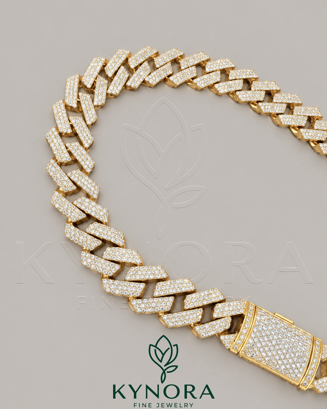 Sterling silver gold Cuban link chain with 16mm VVS1 Moissanite diamond, stylish hip-hop jewelry by Kynora Jewels.