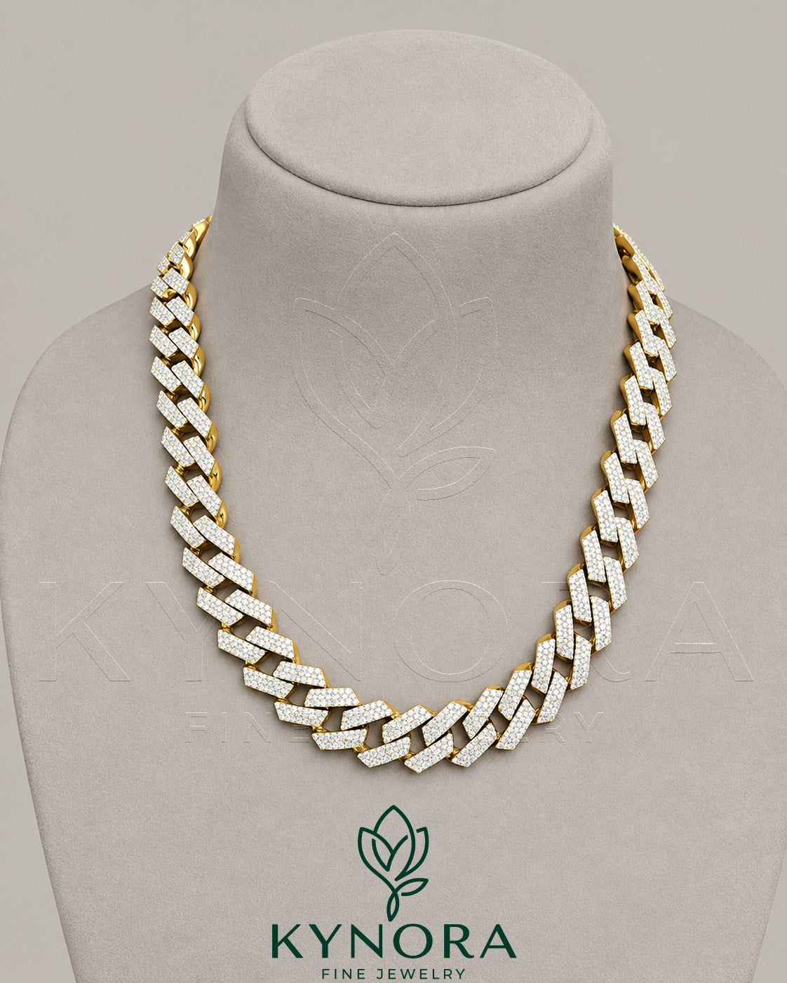 Sterling silver and gold Cuban link chain with 16mm VVS1 Moissanite diamond, hip-hop style jewelry from Kynora Jewels.
