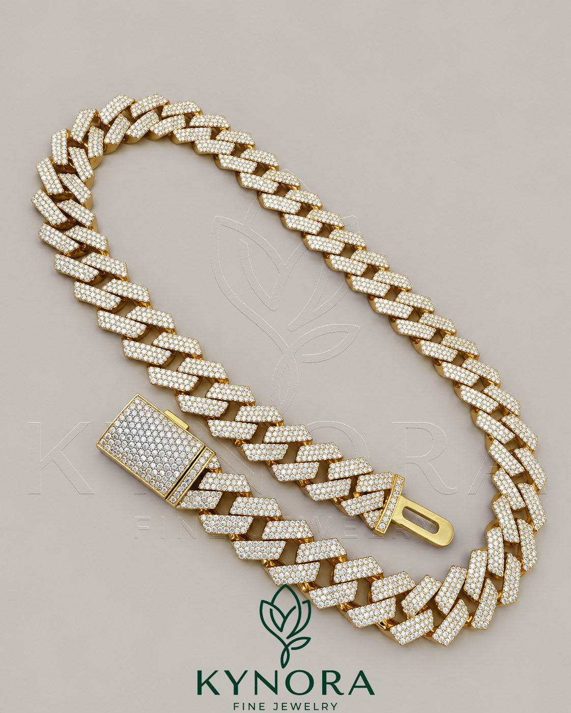 Sterling silver gold Cuban link chain with 16mm VVS1 moissanite diamonds, hip-hop jewelry by Kynora Jewels.