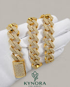 Sterling silver gold Cuban link chain with 16mm VVS1 moissanite diamonds, hip-hop jewelry style by Kynora Jewels
