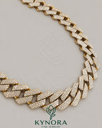Sterling silver gold Cuban link chain with 16mm VVS1 moissanite diamonds, hip-hop style jewelry by Kynora Jewels
