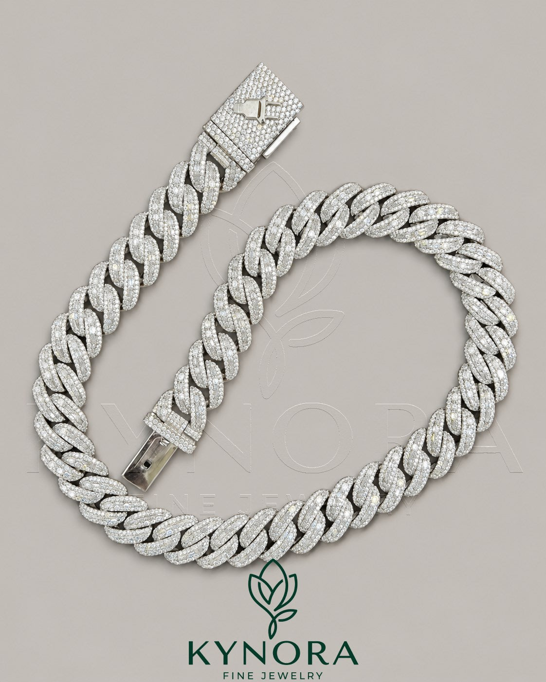 17mm custom VVS1 moissanite diamond Miami Cuban chain by Kynora Jewels, sterling silver hiphop chain with claps.