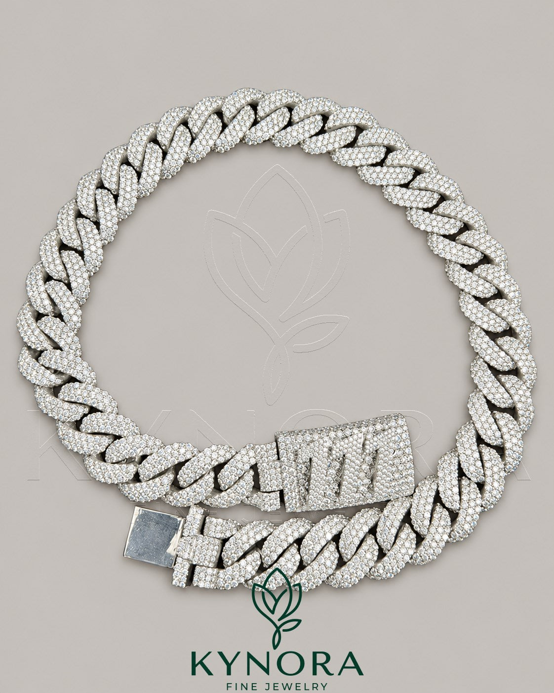 VVS1 Moissanite diamond Miami Cuban link chain in 925 sterling silver, 20mm thick, hip-hop jewelry by Kynora Jewels.