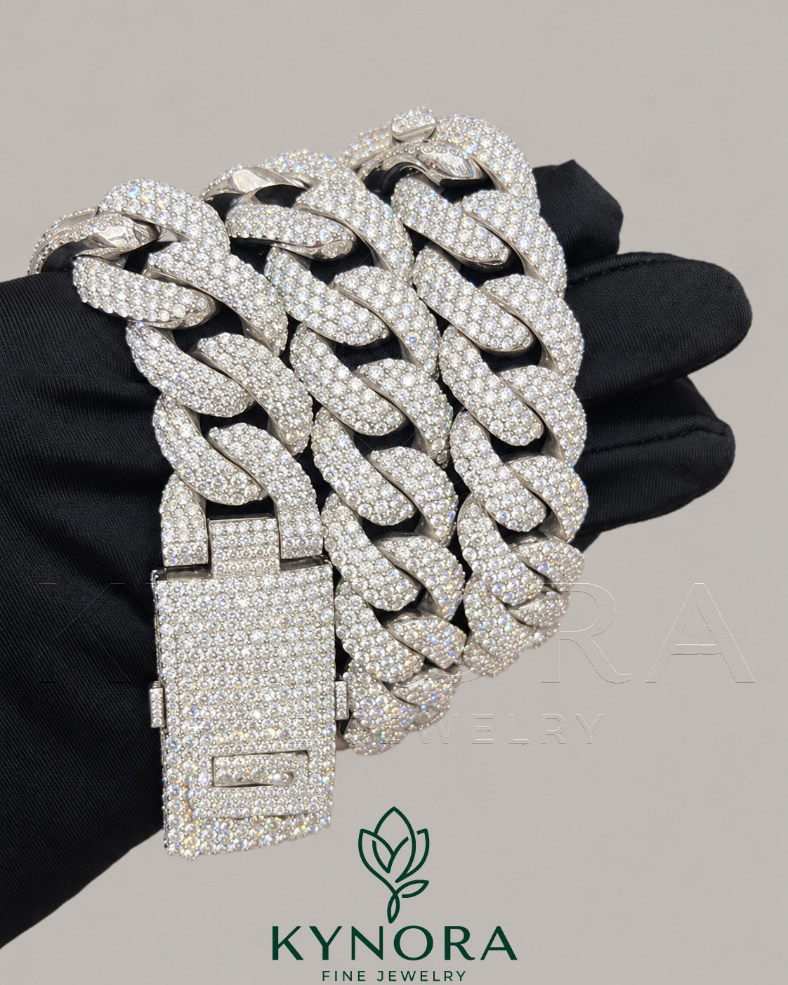 20mm VVS1 Moissanite diamond Miami Cuban link chain in sterling silver, stylish hip-hop jewelry from Kynora Jewels
