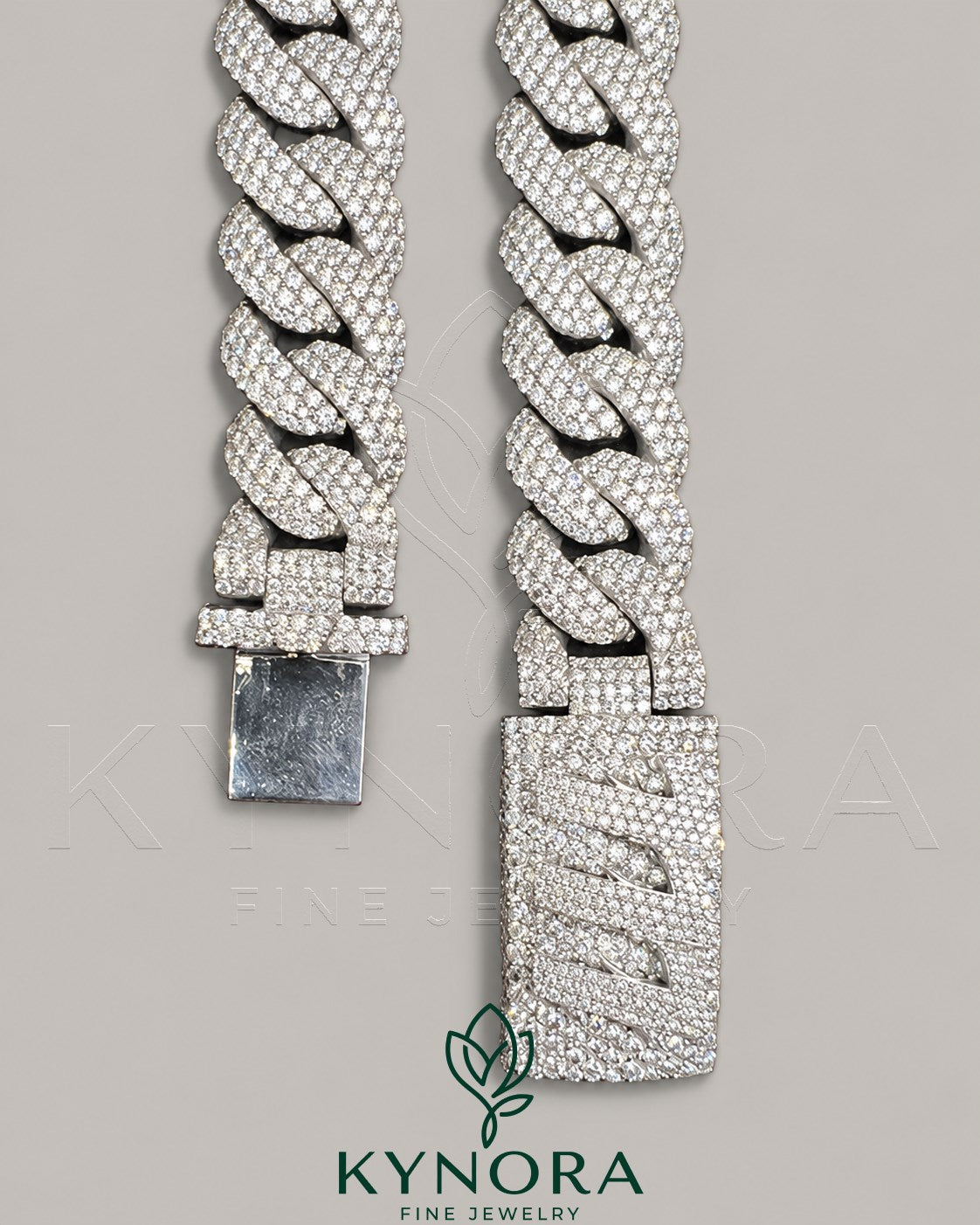 Sterling silver Miami Cuban link chain with 20mm VVS1 moissanite diamonds, hiphop jewelry by Kynora Jewels