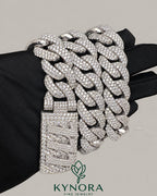 Sterling silver Miami Cuban link chain with 20mm VVS1 moissanite diamonds, featuring a bold, hip-hop style design.