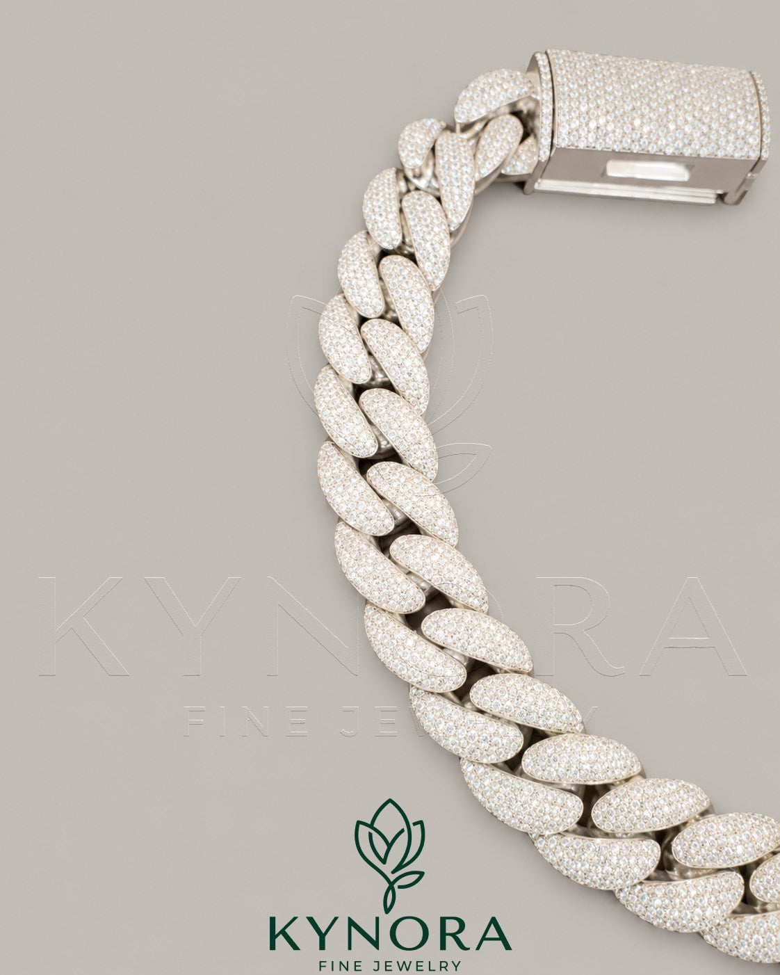 Kynora Jewels 20mm VVS1 Moissanite Miami Cuban Link Chain, shiny gold hip hop jewelry with large, detailed links.