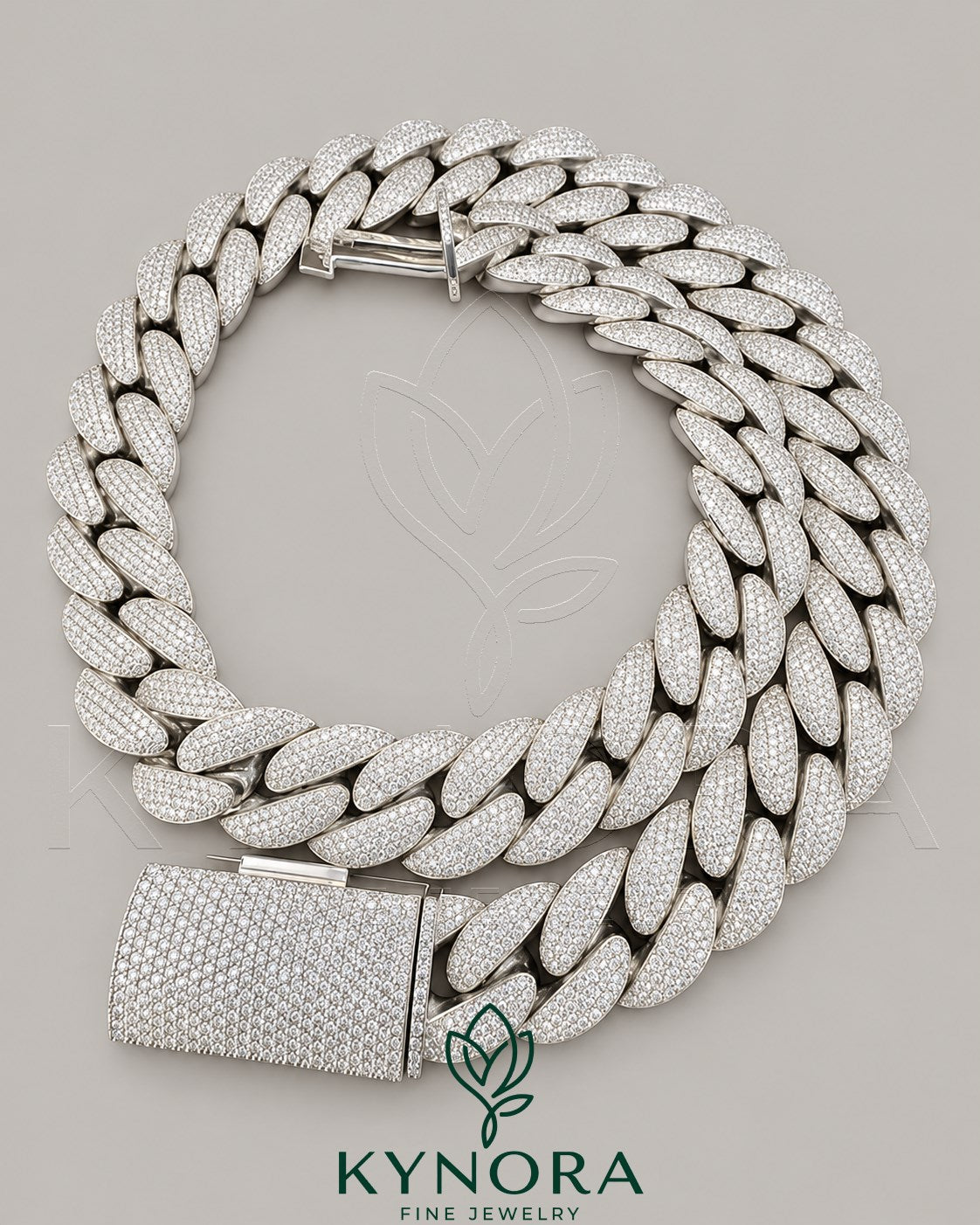 20mm VVS1 Moissanite Miami Cuban link chain from Kynora Jewels, showcasing shiny, heavy-duty hip hop jewelry with intricate links. Main image