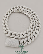 20mm VVS1 Moissanite Miami Cuban link chain from Kynora Jewels, showcasing shiny, heavy-duty hip hop jewelry with intricate links.