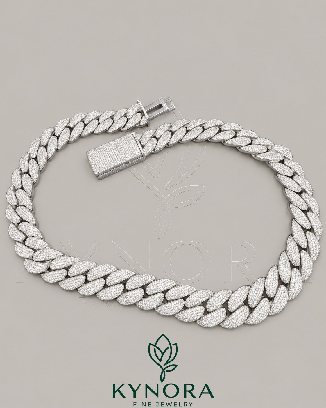 Kynora Jewels 20mm VVS1 Moissanite Miami Cuban Link Chain, hip hop style with shiny, detailed links.