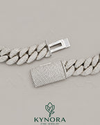 Kynora Jewels 20mm VVS1 Moissanite diamond hip hop Miami Cuban link chain showing detailed links and sparkling stones.