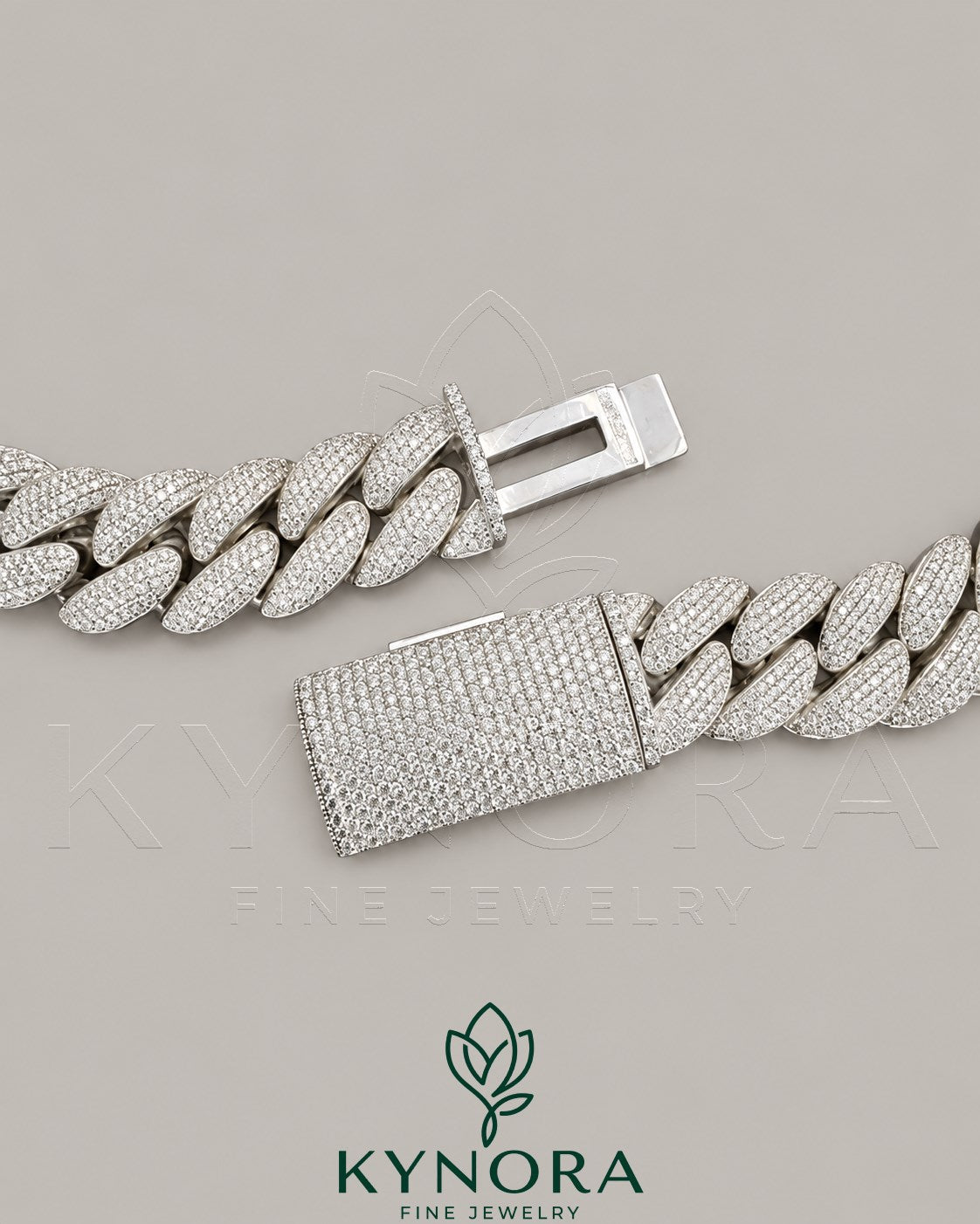 Kynora Jewels 20mm VVS1 Moissanite diamond hip hop Miami Cuban link chain showing detailed links and sparkling stones.