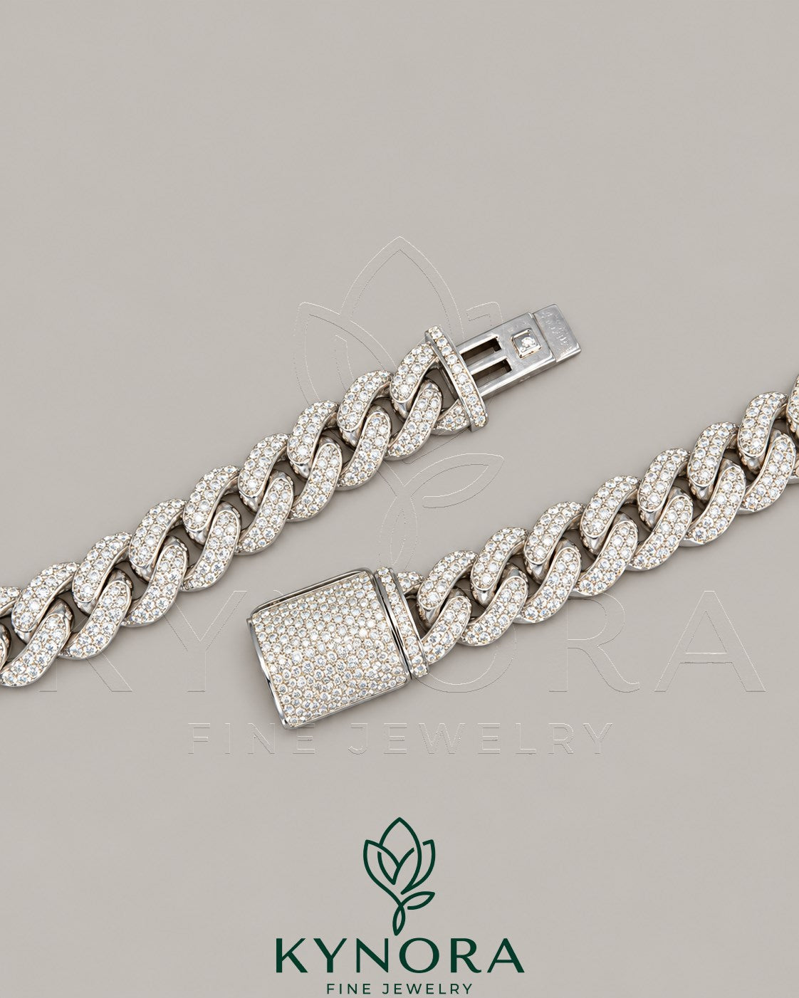 20mm VVS1 Moissanite Diamond Hip Hop Miami Cuban Link Chain by Kynora Jewels, featuring shiny, bold gold chain links.
