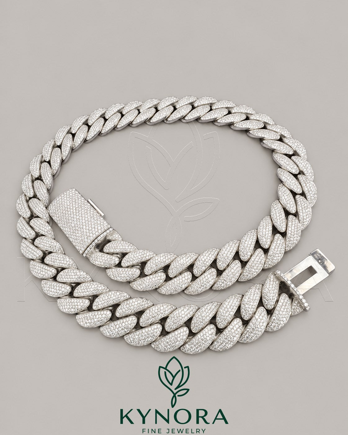 20mm VVS1 Moissanite hip hop Cuban link chain by Kynora Jewels with shiny, thick gold-plated links, showcasing luxurious jewelry design.