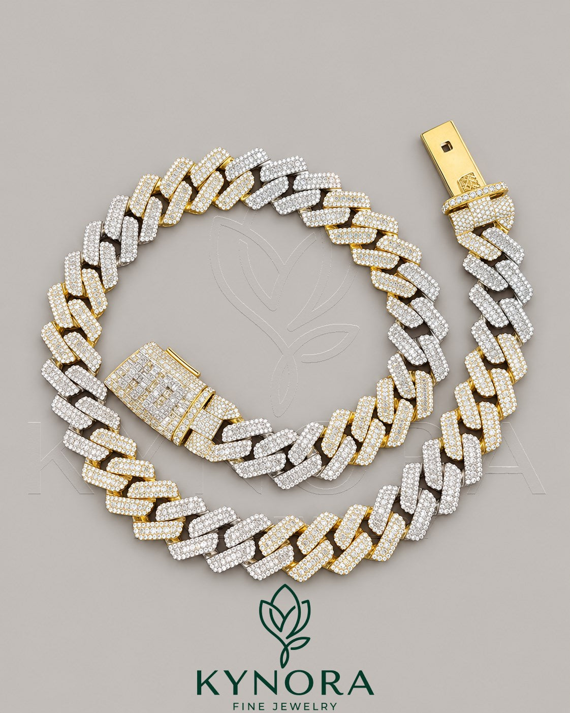 Sterling silver VVS1 moissanite baguette Miami Cuban link chain, 20mm hip-hop jewelry by Kynora Jewels, detailed close-up image.