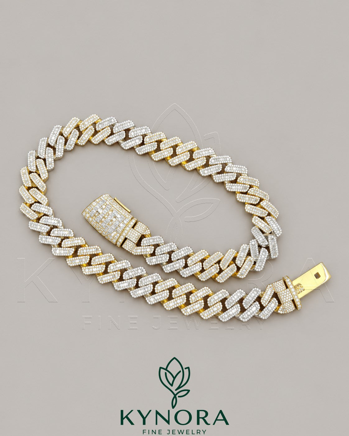 Sterling silver 20mm VVS1 moissanite Miami Cuban link chain, hip hop jewelry by Kynora Jewels, featuring baguette cut stones.