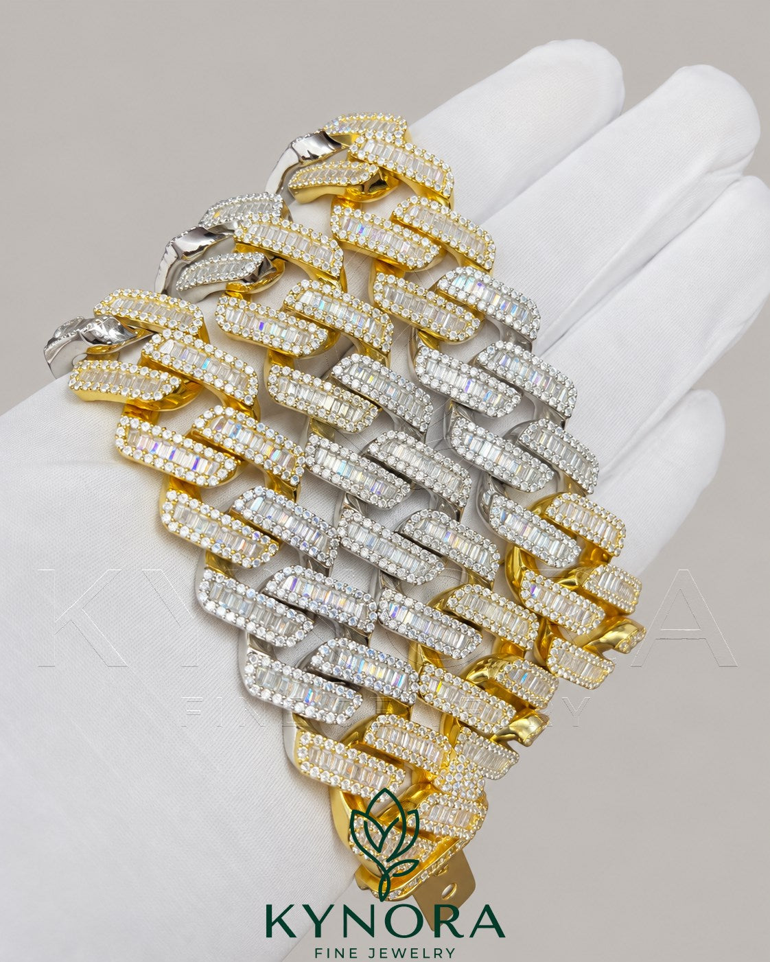 Sterling silver VVS1 moissanite Miami Cuban link chain, 20mm, with baguette cut stones, hip-hop jewelry by Kynora Jewels.