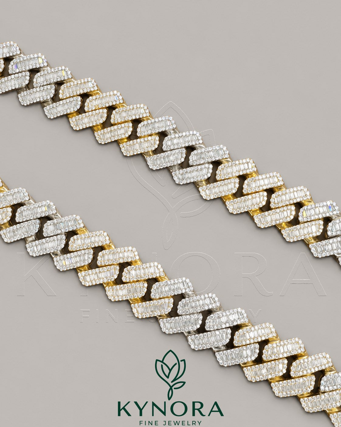 Sterling silver VVS1 moissanite baguette Miami Cuban link chain by Kynora Jewels, 20mm hiphop chain with sparkling gemstones.