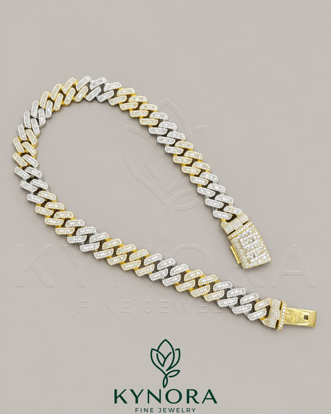 Sterling silver VVS1 moissanite baguette Miami Cuban link chain, 20mm hip-hop jewelry by Kynora Jewels, close-up view.