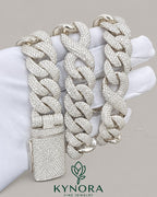 Sterling silver 20mm VVS1 moissanite Cuban link chain by Kynora Jewels, hip-hop style jewelry with bold, shiny links.